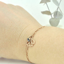9ct Rose Gold Black diamond Lotus charm (on gold plated) bracelet, April Birthstone.
