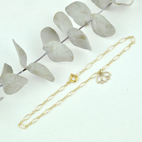 Anklet 9ct yellow gold lotus charm, gold fill chain. Optional birthstone beads.