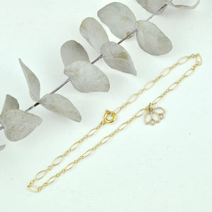 Anklet 9ct yellow gold lotus charm, gold fill chain. Optional birthstone beads.