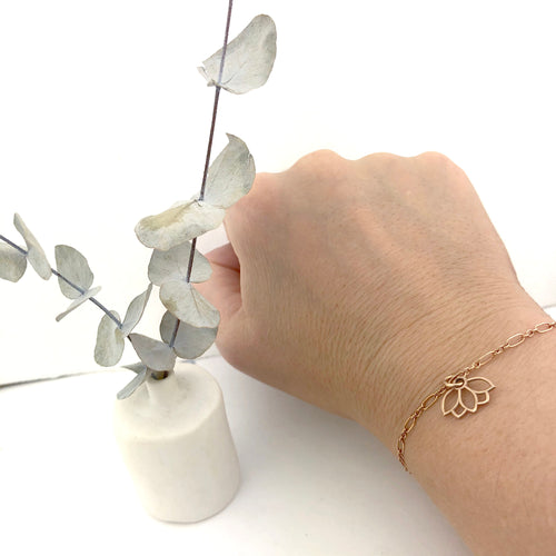 9ct Rose Gold Lotus charm (on rose gold filled) bracelet, Optional Birthstone.