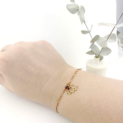 Garnet gemstone 9ct Rose gold Lotus charm (on gold plated) bracelet, January Birthstone.