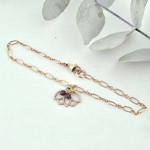 Garnet gemstone 9ct Rose gold Lotus charm (on gold plated) bracelet, January Birthstone.