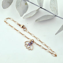 Amethyst gemstone 9ct Rose gold Lotus charm (on rose gold plated) bracelet, February Birthstone.