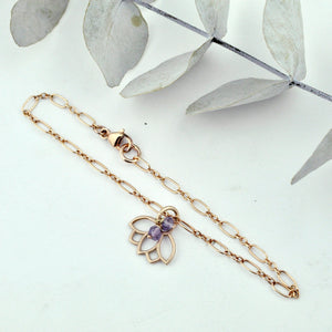 Amethyst gemstone 9ct Rose gold Lotus charm (on rose gold plated) bracelet, February Birthstone.