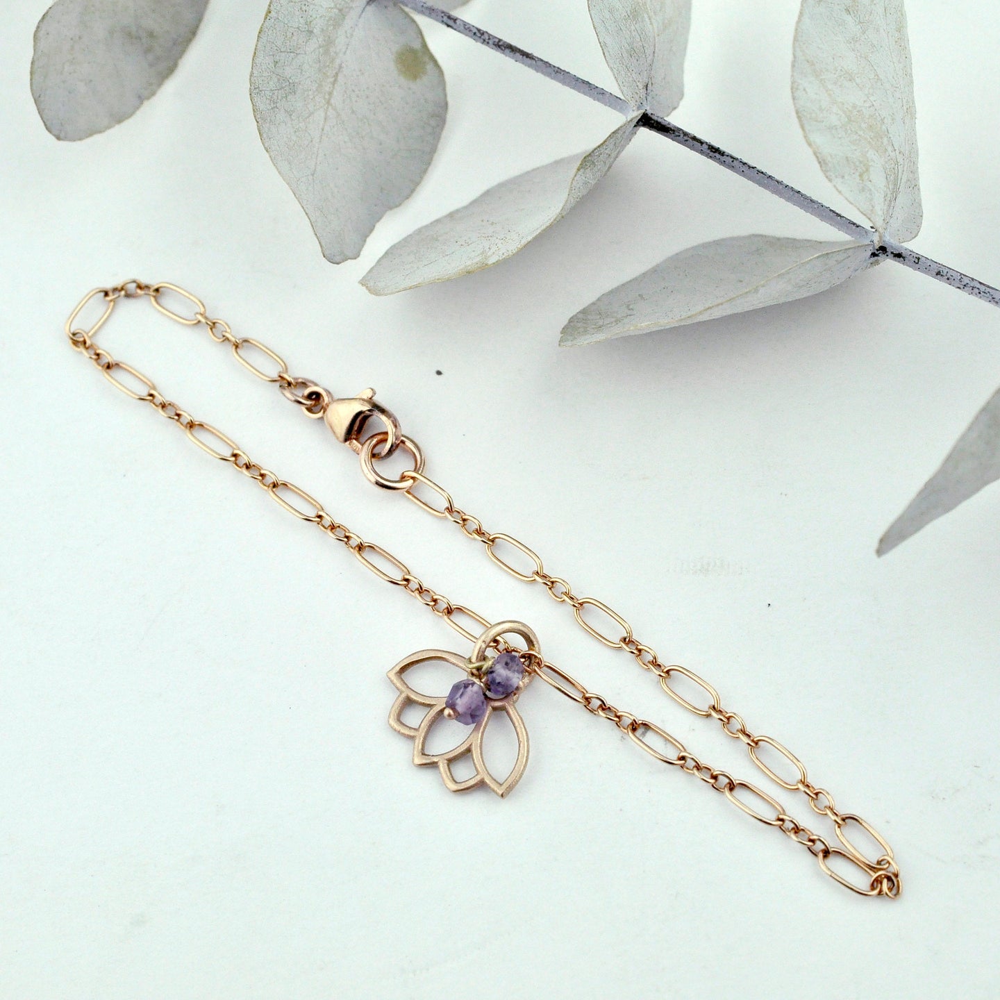 Amethyst gemstone 9ct Rose gold Lotus charm (on rose gold plated) bracelet, February Birthstone.
