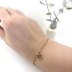 Amethyst gemstone 9ct Rose gold Lotus charm (on rose gold plated) bracelet, February Birthstone.