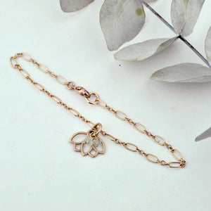 Aquamarine bracelet 9ct Rose gold Lotus charm (on rose gold plated) bracelet, March Birthstone.