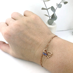 Sapphire bracelet, 9ct Rose gold Lotus charm (bracelet rose gold plated), September Birthstone.