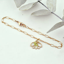 Peridot bracelet, 9ct Rose gold Lotus charm (bracelet rose gold plated), August Birthstone.