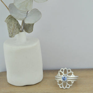 Blue Sapphire silver Lotus ring set.