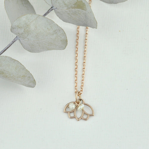 9ct Rose Gold Pearl Lotus charm necklace, all birthstone options.