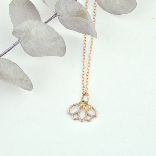 9ct Rose Gold Citrine Lotus charm necklace, November birthstone, all birthstone options.