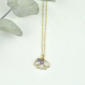 9ct Gold Amethyst Lotus charm necklace, February birthstone, all birthstones available.