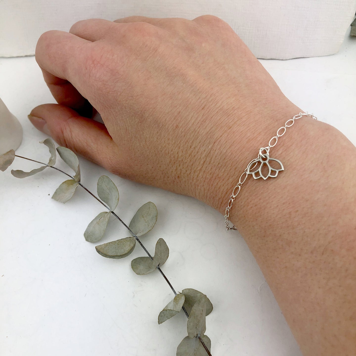 Sterling silver bracelet with Lotus petal charm, optional birthstone beads.