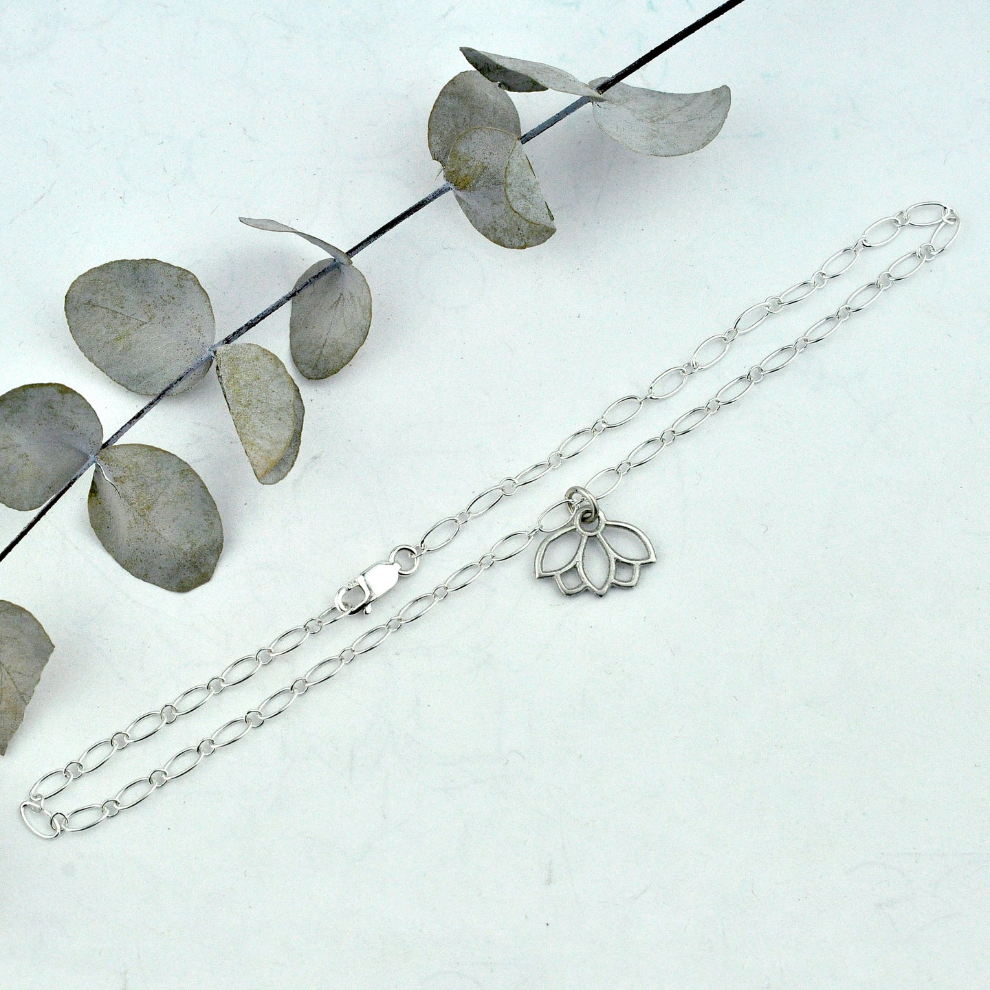 Sterling silver Anklet with Lotus. Optional birthstone beads.