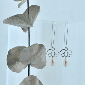 Lotus white drop pearl silver earrings
