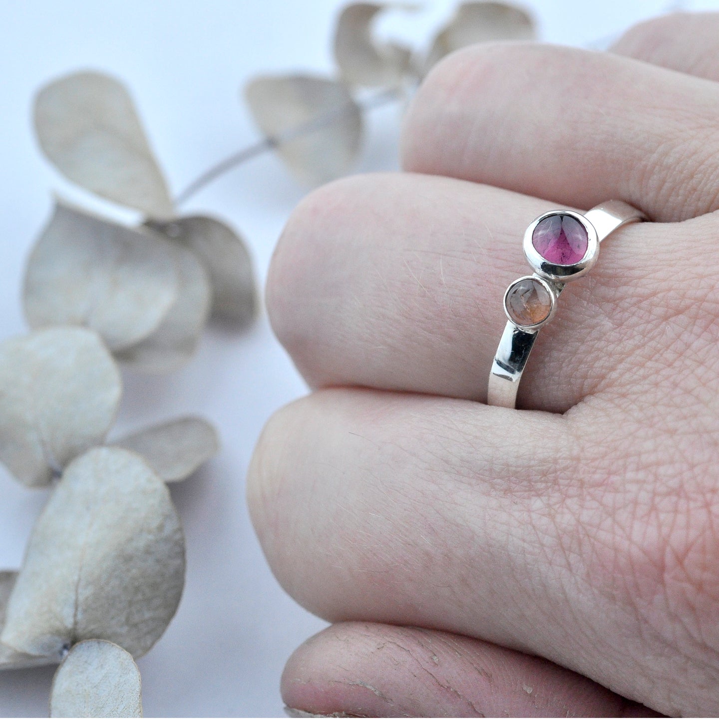 Peach and pink double gemstone silver ring