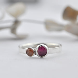 Peach and pink double gemstone silver ring