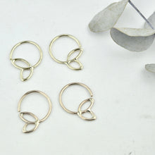 Tiny leaf sleeper hoops 9ct yellow gold, pair.