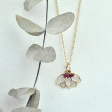 9ct Yellow Gold Ruby Lotus charm necklace, July Birthstone.