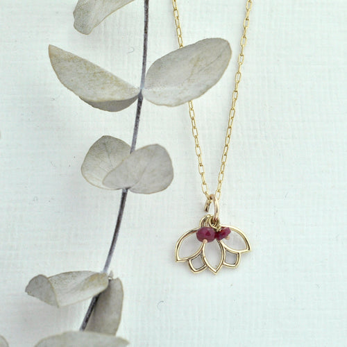9ct Yellow Gold Ruby Lotus charm necklace, July Birthstone.