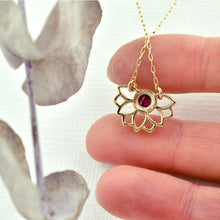 Solid 9k Gold Ruby Necklace, July birthstone, Lotus flower, on a gold fill chain