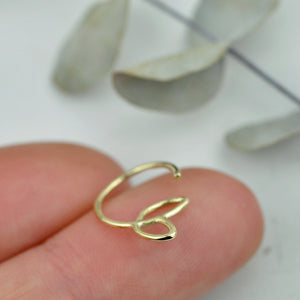 SINGLE 9ct yellow gold Tiny leaf sleeper hoop.