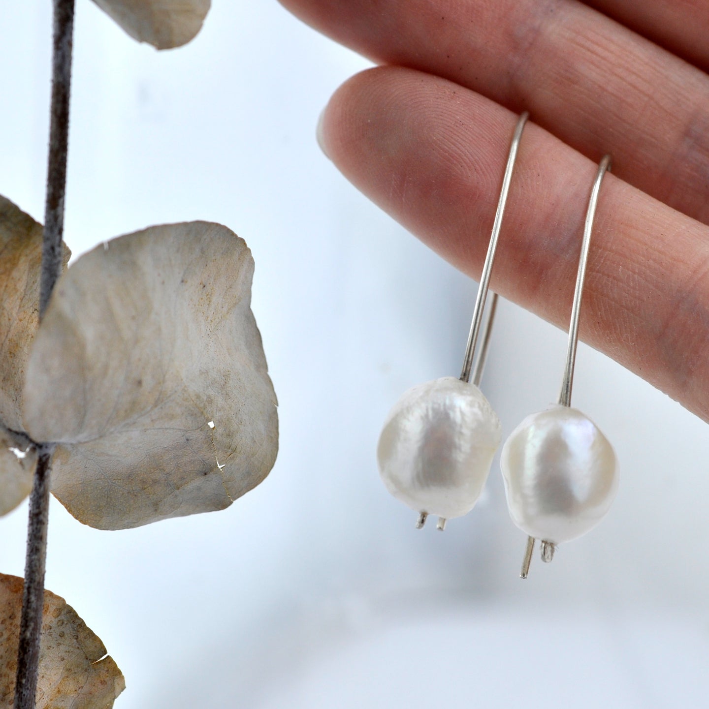 Baroque white pearl silver earrings
